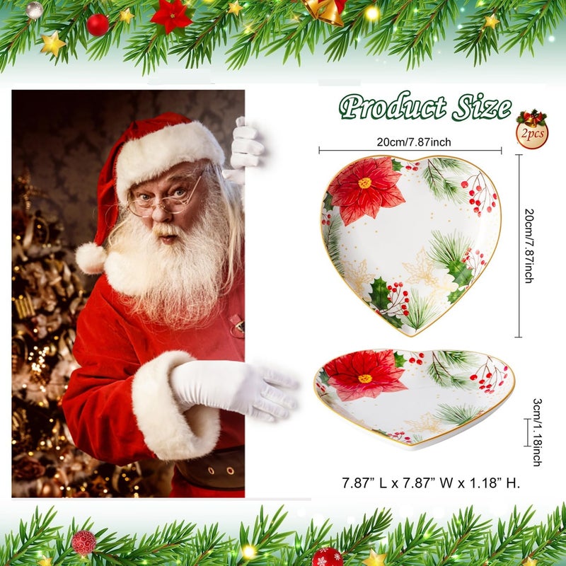 fMSDD 8 Inch Heart Shape Plate with Christmas Pattern, Ceramic Tray for Serving Appetizer, Cake, Candy and Holiday Dishes, for Holiday Table, Christmas Party or Festival Celebrations, Set of 2, Red Berries - Image 5